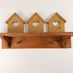 Vintage Wood Birdhouse Heart Wall Shelf Key Rack Peg Hooks Farmhouse Decor